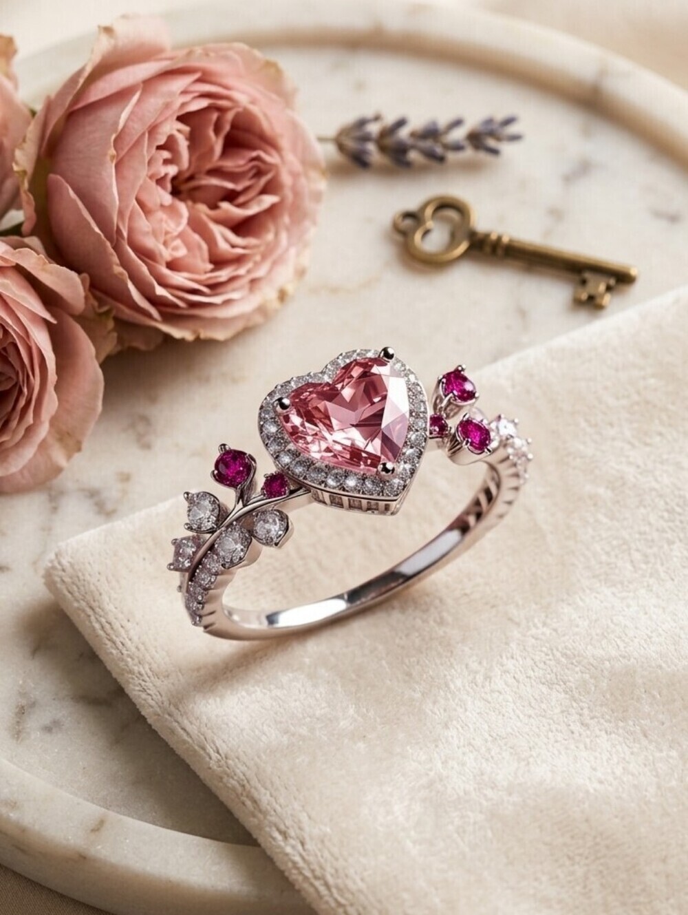 Vintage-Inspired Pink Sapphire Heart Statement Ring Size 8